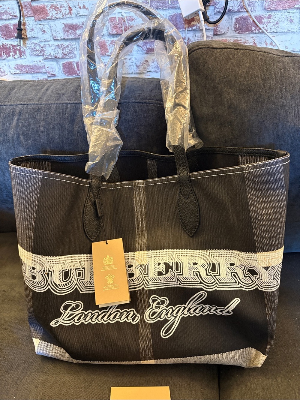 Burberry Black and White Logo Canvas Tote